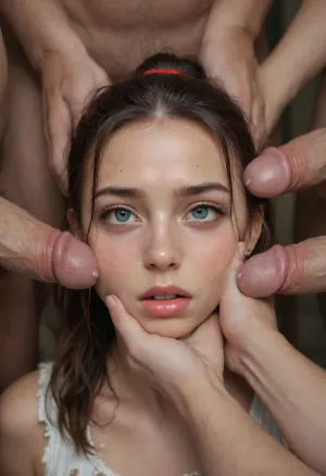 incredible young 18, gangbanged rape by group of Man, cute face, dark Red hair, ponytail, high ponytail, rough choking, face of fear, gangrape, cry, messy clothe, torn clothe, fuck by big guy with big cock, dessous, torn dessous, spit on face, fear eyes, cry eyes, painful eyes, pull to the ground, ahegao, cum