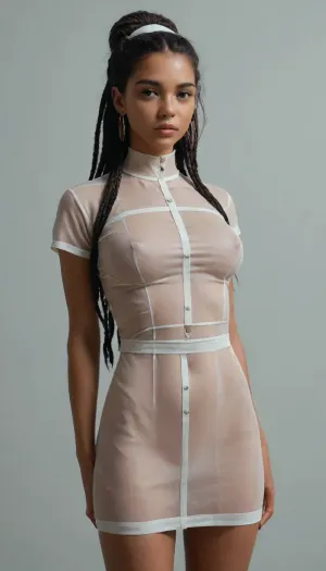 masterpiece, best quality, ultra-detailed, high resolution, 8K, sharp focus, intricate details, highly detailed, 2d, (flat color:2), (no lineart:2), simple background, gradient background, 1girl, solo, black hair, long hair, dreadlocks, bun, braid, detailed face, detailed eyes, black eyes, no pupils, seductive, big breasts, curvy, athletic, thick thighs, wide hips, narrow waist, big ass, bottom heavy, detailed skin, smooth skin, dark skin, nurse uniform, transparent clothes, teasing
