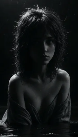 (masterpiece, best quality, photorealistic), (black and white only:2), (soft diffused lighting:1.4), (humid slick surfaces:1.4), (moody ambient glow:1.5), (slow breathing:1.5), a gorgeous naked woman standing alone in a monochrome storm, ((soaked completely in endless falling rain:1.7)), ((water dripping in thick strands from her messy hair, sliding down her bare skin:1.6)), ((head tilted slightly downward, arms limp at her sides:1.5)), body glistening, breath heavy and visible in the cold air, ((eyes open but distant, as if watching something vanish inside herself:1.7)), thighs pressed together gently, chest rising slowly with each breath, raindrops clinging to every curve and hollow of her body, atmosphere sacred, melancholic, inevitable, like a soul dissolving into the night, <lora:dark:.4>, <lora:ral-chrosc-bw:1.6>