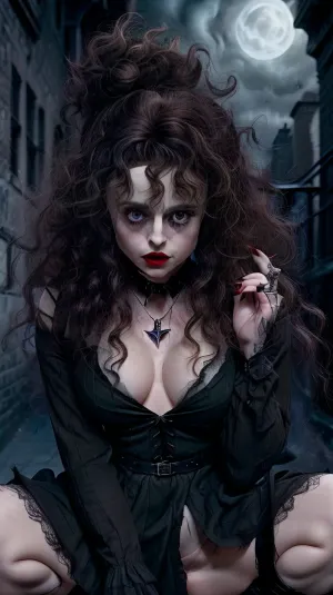 Bellatrix Lestrange, showing skin, blurry background, photorealistic, nude, Harry Potter style, analog style, long sleeves, dress, dark alley. necklace, nail polish, black dress, makeup, black hair, wavy hair, lipstick, black background, red nails, curly hair, red lips, Crazy look. Green and blue fog, gloomy environment, Night, dim light, 1boy, squatting, cowgirl, position, vaginal, pov, <lora:Bellatrix Lestrange:.8>, <lora:PSCowgirl:.8>