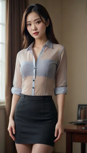 A fair-skinned Chinese beauty with a pretty face, wearing a semi-transparent button-down shirt top with a faintly visible black bra. Pencil skirt, pantyhose, and high heels!