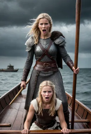 a stern Viking warrior stands on the deck of a dragonboat, his face is weathered and scars are visible, he is dressed in chain mail, leather bracers, a wolfskin cloak is draped over his shoulders, a Carolingian sword hangs from his belt, carries on his shoulder a resisting young slender blonde woman in a simple long white dress, her dress is pulled up and a round ass, a woman screams for help, round shields, axes and spears are stacked on the deck of a dragonboat, stormy sea in the background, leaden-gray sky with dark clouds and lightning, the whole picture is in the style of the Dark Ages, dramatic colors, high resolution, realistic. Style