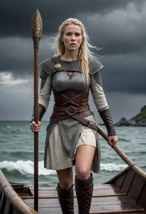 a stern Viking warrior stands on the deck of a dragonboat, his face is weathered and scars are visible, he is dressed in chain mail, leather bracers, a wolfskin cloak is draped over his shoulders, a Carolingian sword is hanging from his belt, he carries a prisoner on his shoulder- a young slender blonde woman in a simple long white dress, her dress is pulled up and her round ass is visible, a woman is screaming for help, round shields, axes and spears are stacked on the deck of a dragonboat, a stormy sea, a leaden-gray sky with dark clouds and lightning, the whole picture is in the style of Dark centuries, dramatic colors, high resolution, realistic. Style