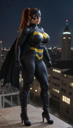 red hair, high ponytail, batgirl mask, masked face, sexy, big tits, big ass, full batman armor, skinny, slim, athletic, muscles, strong, fit, muscular, tight fitting batgirl armor, bimbo, huge tits, huge ass, standing on a rooftop, night, cityscape in background, portrait shot, front view, full body in picture, muscle_bimbo, <lora:Muscle_Bimbo_SDXL:.8>, extra busty, huge boobs, huge butt, big boobs, superhero pose, large, breasts, boobs, tits, <lora:bombshell_v2:.8>, bottomheavy, big, ass, huge, gigantic, thick, thighs, massive, <lora:bottomheavy_v1_sdxl_tags:.8>, massive tits, huge giant round tits, batman armor, batgirl armor, Batman, Beyond, <lora:Batman Beyond:.8>, detailxl