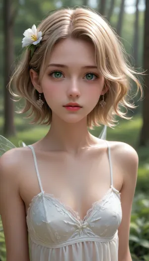 skinny tiny female fairy in the forest, 18 years old, the fairy is seductively asking you to come with her. She has wings and flys just above the ground. Perfect skin. Perfect green eyes, blonde hair.