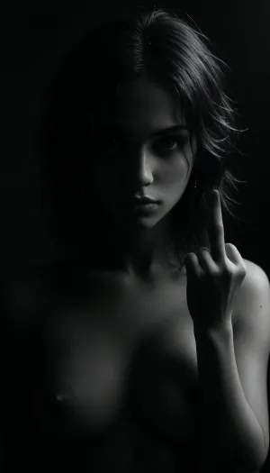 (masterpiece, best quality, photorealistic), (black and white only:2), (dramatic focused lighting:1.5), (realistic shading:1.5), (intimate atmosphere:1.3), "A nude woman stands facing forward, one hand gripping her bare breast firmly, the other raised in calm defiance with her, (middle finger:1.3), extended toward the viewer, messy hair spilling over her shoulders, soft muted light tracing the tension of her body, her expression silent, fearless, sacred in monochrome breath.", <lora:ral-chrosc-bw:1.5>, <lora:dark:.5>