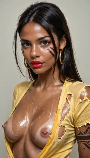 photorealistic, cinematic lighting, high-resolution, DSLR quality, sharp facial features, detailed eyes, defined lips, clear skin texture, realistic nose, realistic eyes, flashes in the eyes, everything in focus, no blur, studio background, 8k, ultra sharp, full clarity Colombian woman on the riverbank, big black eyes, fit body, golden skin, tanned skin, brown skin, oiled body, shiny skin, tribal tattoos, straight black hair, red lips, big lips, full lips, facial paint, yellow football team shirt with blue and red details, shirt torn above the boobs, small nipples, pink nipples, piercing nipples, piercing boobs, piercing tits, small areola, pink areola, fake small boobs