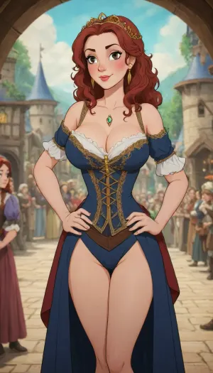 PEOldCartoonStyle, Cartoon, <lora:PE_OldCartoonStyle:.8>, woman and Renaissance fair, cleavage