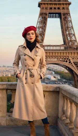French woman, sexual woman, sexy pose, erotic, standing on the observation deck of the Eiffel Tower, sunset, fashionable clothing, chic Parisian style, beret, elegant trench coat, silk scarf, stylish handbag, slim jeans, ankle boots, minimalistic jewelry, warm lighting, soft pastel colors, cinematic atmosphere, stylish and refined