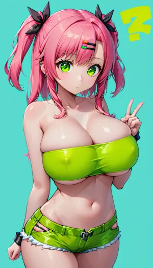 nicole demara, (zzz), 1girl, solo, pink hair, hair ribbon, twintails, two side up, tube top, bare shoulders, large breast, huge tits, micro shorts, green eyes, looking at viewer, hair clip, <lora:nicole:.5>, nicole_demara, <lora:nicole_demara:.8>