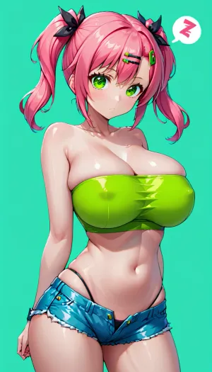 nicole demara, (zzz), 1girl, solo, pink hair, hair ribbon, twintails, two side up, tube top, bare shoulders, large breast, huge tits, micro shorts, green eyes, looking at viewer, hair clip, <lora:nicole:.5>, <lora:nicole_demara:.8>