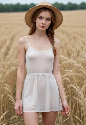 (8k uhd, dslr, highest quality, masterpiece, detailed skin texture, (highly detailed hair), (highly detailed face), extremely detailed, soft focus, ultra-detailed, ultra realistic face, ultra-realistic, realistic armpits, realistic nipples, realistic pussy, realistic anus, realistic anatomy, photorealistic), (no public hair), full body visible, (whole body in frame), (19yo woman, beautiful, auburn hair, braided hair, kitty hairband, slender body, anorexic, extremely skinny, no breasts, flat chest, slim hips, slim ass, thin waist, perfect knees, long legs, slender legs, shy, innocent, cute, timid), (standing in a field of wheat), (wearing a transparent summer dress and a straw hat)