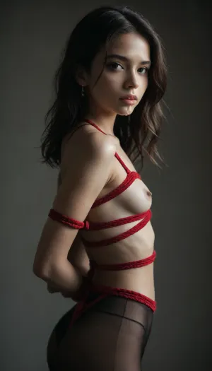 Beautiful 20 year old Asian girl, cum on lips, ((high cheekbones)), ((small breasts)), sheer black thigh highs, (((arched back))), hands restrained behind back with maroon rope, (((looking at viewer))), <lora:dark:.4>