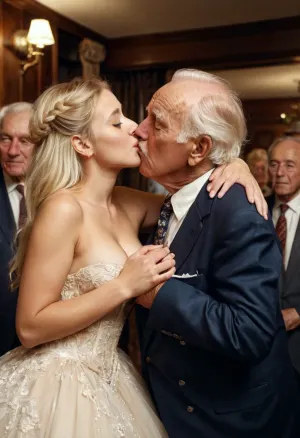 cute blonde girl is touched and grabbed by a bunch of elderly gentlemen, kissing, one breast falling out of dress, tit grabbing, ass grabbing, moaning