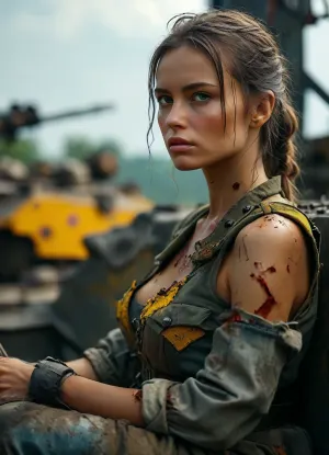 Front view, UHD 8K, extreme realism, maximum detail, long shot, beautiful Ukrainian woman soldier, ripped uniform, torn uniform, battlefield, sitting on turret of tank, nipples out, dirty, sweaty, duhh, detailxl, <lora:MJ52:.8>