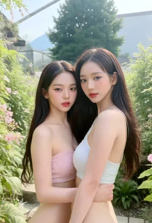 Two Korean women in their 20s, yujimin, JANG_ICE, <lora:yujimin_v10:.8>, <lora:JangWonyoung_SDXL:.8>, Nude, Upper body photos, A garden in bloom, Bright light, Pose for the camera