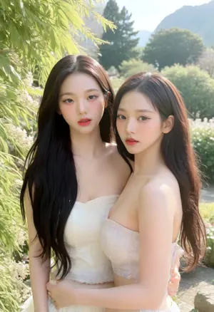 Two Korean women in their 20s, yujimin, JANG_ICE, <lora:yujimin_v10:.8>, <lora:JangWonyoung_SDXL:.8>, Nude, Upper body photos, A garden in bloom, Bright light, Pose for the camera