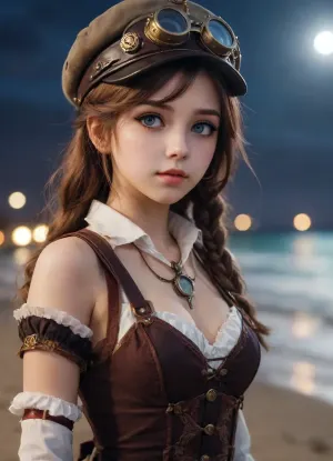 A steampunk screenshot of a girl wearing andress on a beach at night. Looking at viewer, beautiful detailed eyes, bokeh, depth blur . anime style, key visual, vibrant, studio anime, highly detailed? full view
