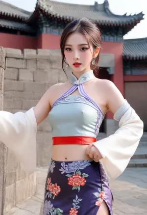 A 20-year-old Korean woman wearing traditional Chinese clothing, In front of the Chinese traditional castle, yujimin, Full body photo, pointed face, big eyes, white skin, red lips, Bright sunlight on the left, braless, Wearing, clothes, that, make, sense, with, Braless>, Latexstraitjacket, qipao1, cheongsam, Chinese traditional earrings, Pose with your arms spread out, <lora:yujimin_v10:1>, <lora:bralessSDXL_v1_00022:.8>, <lora:Latexstraitjacket_XL_0_:.4>, <lora:qipao1_XL_reg1_-000004:.3>