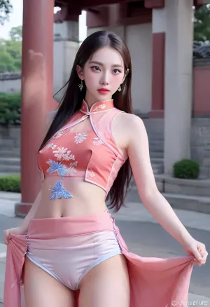 A 20-year-old Korean woman wearing traditional red Chinese clothing, In front of the Chinese traditional castle, yujimin, Full body photo, pointed face, big eyes, white skin, red lips, Bright sunlight on the left, braless, Wearing, clothes, that, make, sense, with, Braless>, qipao1, cheongsam, Chinese traditional earrings, Pose with your arms spread out, skirtlift, Pink pussy with hair, big clitoris, <lora:yujimin_v10:1>, <lora:bralessSDXL_v1_00022:.8>, <lora:qipao1_XL_reg1_-000004:.3>, <lora:skirtlift_xl:.6>