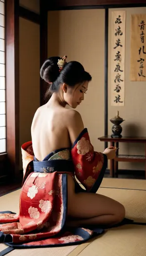 Japan, Meiji era, nude girl, with traditional Japanese hairstyle, kneeling, embroidering luxory kimono, full body in frame, dark light, traditional Japanese room