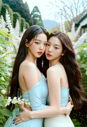Two Korean women in their 20s, yujimin, JANG_ICE, <lora:yujimin_v10:.8>, <lora:JangWonyoung_SDXL:.8>, Nude, Upper body photos, A garden in bloom, Bright light, Pose for the camera, Hug, High resolution, perfect body proportions