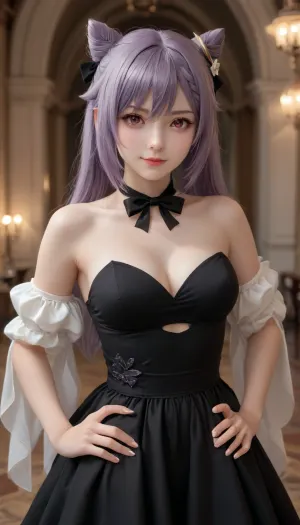 1girl, keqing \, (genshin impact\), solo, breasts, dress, strapless, strapless dress, cleavage, smile, black dress, bow, bare shoulders, medium breasts, official alternate costume, ribbon, character name, looking at viewer, closed mouth, black bow, hair ribbon, bowtie, hands on hips, (masterpiece, best quality:1.2), absurdres, <lora:keqing:.8>