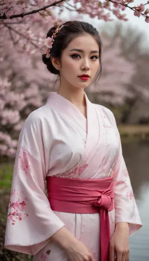 A young Asian woman, approximately 20 years old, with pale skin and flowing white hair styled in a bun adorned with delicate pink cherry blossoms. She wears a traditional Japanese kimono, a light white fabric with a delicate pattern of pink cherry blossoms. The kimono's sleeves are loose, and the fabric appears light and flowing. A red obi, (sash), is wrapped around her waist. She has a serene expression, and her makeup is subtle with rosy blush and red lipstick. The background features cherry blossom branches and water droplets, creating a soft, ethereal atmosphere. The water is dark and still, reflecting the branches. The lighting is soft, focused on the woman, and the colors are muted, with shades of pink, red, white, and dark tones. The composition is a three-quarter view, showcasing the woman from the side. The style is elegant and evocative of Japanese aesthetics, with a focus on detail and soft colors. The overall mood is peaceful and romantic, reminiscent of a spring day. Highly detailed, photorealistic, aesthetic, cinematic lighting, 32k, harness, garter, straps, cupless, bra, <lora:Harness_Straps_sdxl:.8>