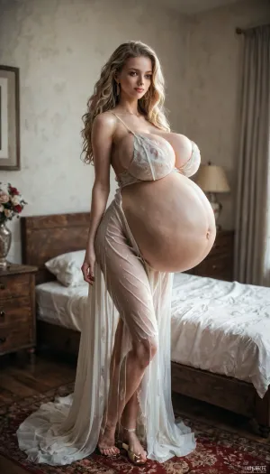 Massive pregnant belly, extremely long blond hair, fully body view, sexy neglige, super hyper pregnant, in a bedroom, standing, super skinny body, hyper skinny legs, hyper skinny arms, massive breasts, massive pregnant belly, Long, hair, <lora:246141_training_data:1.3>, <lora:SDXL_long_hair_Sa_May:1.1>