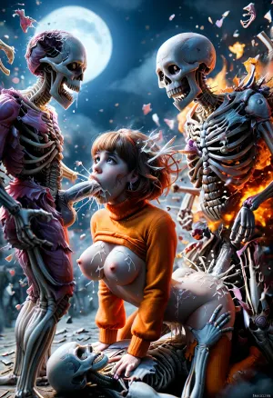 ((ultimate realism)), Velma Dinkley, cute, innocent, gorgeous, desirable, pleasing, goddess, intense moaning, torn purple stretch outfit, spitroast, ((gang banged by three skeleton monsters with white dicks:1.4)), double penetration, oral penetration, deepthroat, throat bulge, cum on face, (cum on large tits), cum in pussy, in a dark haunted mansion at night, moon in sky, fog, (skeleton head explosion:1.5), eerie atmosphere, (cum explosion:1.5), ral-vlntxplzn, <lora:ral-vlntxplzn-sdxl:1.5>, <lora:Microwaist_XL_v01:1.3>, <lora:MJ52:.6>, <lora:xl_more_art-full_v1:.4>
