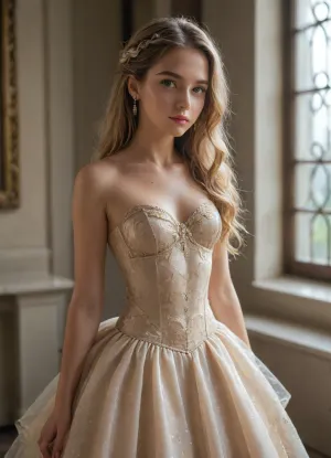 young cute perfect princess, long golden hair, tan, Royal Ballgown with wide crinoline, (very thin waist:1.5)