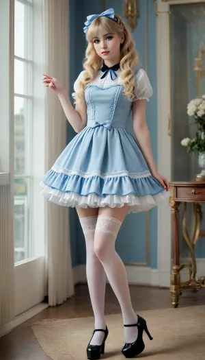 In 8k, a captivating vignette: the enigmatic beauty in white stockings and light blue microdress