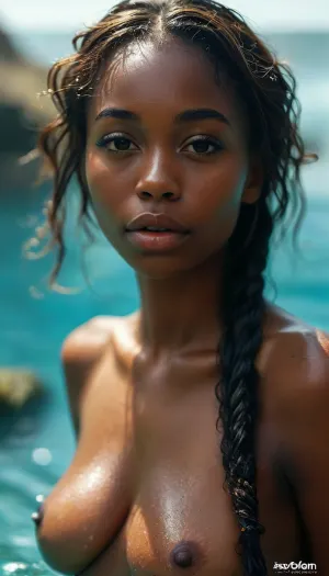 stunning, slender, 25-year-old Black mermaid under the sea, underwater, swimming, mermaid, shipwreck, striking African features and build, fishtail, staring intensely at the camera with a sultry gaze, her deep ebony complexion glowing. Every curve, texture, and explicit detail of their jet-black skin and undeniable African heritage is rendered with maximum clarity and erotic., sagging, breasts, <lora:MJ52:.8>, <lora:sagging-000015:.2>