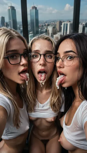 UHD 8K, extreme realism, maximum detail, pretty Swedish woman, wet skin, fair skin, horny naked, wet hair, having sex, licking penis, facial cum, mouth cum, cum ejaculation, lean chest, lean waist, natural pubic hair, (hairy pussy), stretched pussy, orgasmic, submissive, iphone selfie, award winning photo, octane render, thick rimmed oversized glasses, medium breast, raised eyebrows, opened mouth, exhausted, big hips, narrow waist, long blonde hair, messy updo hairstyle, ceo office, windows, cityscape, 1man, 1woman, close up shot, lean man, <lora:BodyLicious:.8>, <lora:200721_training_data:1>, <lora:dark:.5>, <lora:add-detail-xl:.6>, <lora:253562_training_data:.3>, 3 girls, (((side by side))), (((faces next to each other))), big lips, (young girls), ((skinny)), dimorphic female face, masterpiece, score_9, score_8_up, score_7_up, (((look at me))), (((looks at the viewer))), (((top view))), (side view), very aesthetic, showing ass, ((ass)), sweet ass, rlittle round butt, ((showing ass)), (((erect swollen nipples))), (body freckles), pale skin, (blush), mischievous grin, gorgeous woman, (((all 3 wearing plain white t shirts, loose, wet, cut off))), perky breasts, firm breasts, cleavage, perfect light, good lighting, volumetric lighting, well lit room, subsurface scattering, blond hair, ponytail, updo, natural skin texture, realistic skin texture, detailed skin texture, (((big laughs, ecstatic, mouths wide open))), happy surprised faces, (long hair:1.9), 4ng3l, (luc14nn4, freckles, on, her, nose, long, hair, blue, eyes, soft, pale, skin.), ((long nipples)), (maximum quality:1.4), ., (maximum realism:1.5), (maximum resolution:1.5), ((shock))