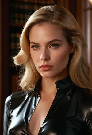 Three quarter view. a captivatingly beautiful young female sommelier in a professional setting, perhaps a well-lit, elegant chateau library or refined tasting room. She wears a sexy black latex blouse. **Focus intensely on her facial details, long blonde hair. **Hyperrealistic skin texture, ** Showcase incredibly detailed, lifelike skin, soft peach-fuzz of **vellus hair** catching the light on her cheek and jawline. Her expression is one of serious, focused assessment and deep thought, lips pressed together lightly in concentration. Soft, natural, slightly diffused lighting that highlights the intricate skin textures without being overly dramatic. Shallow depth of field, blurring the background slightly to keep focus entirely on her and the glass. Photorealistic, 8K resolution, extremely detailed, sharp focus on facial features., braless, Wearing, clothes, that, make, sense, with, Braless>, <lora:bralessSDXL_v1_00022:.8>