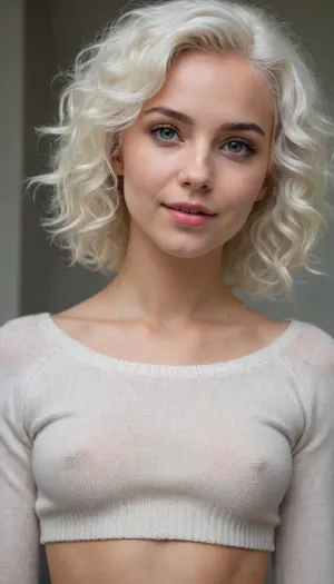 full portrait of woman, ((20 years old)), cheeky smile, ((high detailed skin)), high quality, detailed skin texture, (highly detailed hair), ((skinny body)), ((slim body)), (realistic), soft focus, insanely detailed, highest quality, ((cropped sweater, cutoff sweater, midriff)), midriff, choker on neck, naked waist, messy curly white hair, (underboob:1.3), Swedish woman, curly white hair, <lora:bralessSDXL_v1_00022:.4>