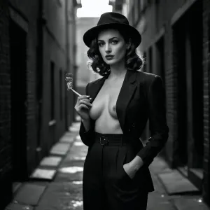 A striking 30-year-old woman stands confidently in a vintage 1940s mafia-style outfit, brought to life in ultra-realistic black and white. She wears a tailored pinstripe suit jacket draped loosely over her shoulders, revealing that underneath, she wears nothing — her full, natural breasts are tastefully and artistically exposed, highlighted by the soft interplay of shadows and light. Her high-waisted trousers hug her hips, the fabric slightly open at the front as if caught in a moment of undressing. Her long, wavy hair falls over one shoulder, and she wears a tilted fedora hat, casting a shadow over one eye. Her gaze is piercing, cold yet deeply seductive — a woman in control, dangerous and irresistible. A lit cigarette smolders in her gloved hand, the smoke curling elegantly through the air. The background suggests an old gangster club or noir alleyway, adding depth and vintage atmosphere to the scene. The monochrome effect enhances the mood, timeless, provocative, and intensely cinematic.