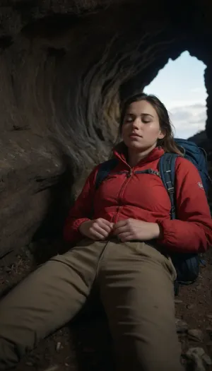 A 21 year old woman, (lying face down), on the rocky floor deep inside a dark cave, sleeping deeply after finding refuge from a storm. Next to her lies a well-worn red hiking backpack with visible straps and pockets, showing signs of a rugged journey. She is dressed in outdoor gear, a lightweight, weathered jacket, hiking pants, and sturdy hiking boots, with subtle dirt and scuff marks that reflect her recent struggle through harsh conditions. Her Clothes are partly off or pulled down. A huge cum load has been dumped on her face during her deep sleep, The cave interior is dim and textured with jagged rocks, while soft beams of sunlight filter through cracks, highlighting the dust particles in the air and casting a faint glow on her gear. A huge cum load has been dumped on her face in her deep sleep. In the distance, the cave exit glows brightly, revealing a sunny, vibrant landscape of greenery and blue skies outside, contrasting the cave’s dark safety with the inviting brightness beyond. 4k, Photorealistic, intricately detailed face, intricately detailed pussy, focus pussy, view from below