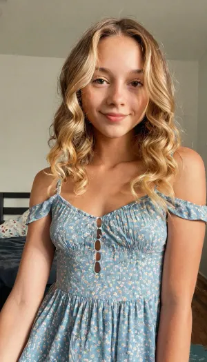 (C, v6NnJTjy/Siy5Haa9.jpeg?v=1720459275), 18 years old, thin, androgynous body, small breasts, amateur scene, amateur webcam, camgirl, good lighting, phone camera shot, front view, wearing casual sundress, light makeup, shoulder length wavy blonde hair, ((middle part hair)), gen z hair, and tan lines, shy smile, face in view wide view