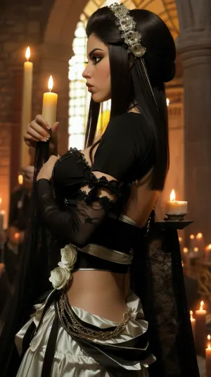 draw, Photorealistic, Very detailed, deep depth of field, ultra-high resolution, Sharpened, Parallax, Overexposure, Wide Angle, Paper Cutout, Dramatic dark night with long shadows, A young, stunning, wild, seductive, coquettish, slender, [Mexican], woman with a very detailed face, She is wearing a La Muerta costume and is at a Mexican La Muerta festival, Mexican jewelry, She is performing an occult La Muerta ceremony in front of a old Mexican church in the Mexican desert with a skull, (She hold a scull), (sculls and candles stand on the floor), She have flat small breasts, natural soft shining skin, soft face and body, She plays romantically with her hair, (She is looking in any direction), (((Worm's-eye view, from side))), (Face closeup)