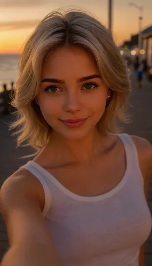 (masterpiece:1.2), (best quality:1.2), (ultra detailed:1.1), (highres:1.1), (beautiful college girl:1.3), (mischievous smile:1.2), looking at camera, taking selfie, (short ash blond hair, swept back hair style, voluminous textured waves), (ocean side boardwalk:1.1), soft natural light, (selfie pose:1.2), (arm extended:1.1), (phone in hand:1.1), (shallow depth of field:1.1), (bokeh:1.1), Canon EOS R5, EF 50mm f/1.2L USM, medium shot, (close-up on face:1.2), cinematic lighting, vibrant colors, realistic skin texture, (intricate details:1.1), (photorealistic:1.2), no blur, sharp focus, (natural skin:1.1), (youthful appearance:1.1), ziprealism, igbaddie, <lora:igbaddie-XL:.8>