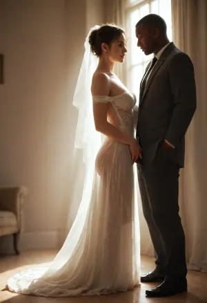 ((interracial)), large giant black penis. giant black skin man in a grey suit stand near the bride.
"A curvy Iranian bride stands in a softly lit bridal suite, wearing a semi-sheer, delicately embroidered white robe that flows around her body, softly revealing her silhouette. Her long dark hair is loose over her shoulders, and a thin silk veil cascades down her back. The room glows with warm, golden afternoon light filtering through lace curtains, illuminating the textures of her skin and fabric. She stands calmly, her presence both sacred and sensual. Her robe slips slightly off one shoulder, revealing soft skin and the quiet confidence in her posture. Persian details surround her — intricate carpets, a low cushioned seat, rose petals scattered near her feet. The moment is serene yet charged with intimacy, portraying the bride not just as a symbol of purity, but of empowered feminine desire.", detailed, perfect, freckles, skin, texture, photorealistic, <lora:Super_Eye_Detailer_By_Stable_Yogi_SDPD0:.8>, green, eyes, blue, brown, perfecteyes, <lora:PerfectEyesXL:.8>, <lora:M05_Intensify:.8>