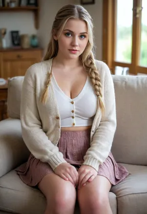 An insanely gorgeous very busty 21 year old extremely shy innocent-looking blonde student sitting on the couch in a cottage living room, enormous boobs, long braided hair, knitted cardigan, formal blouse, pleated miniskirt, cleavage