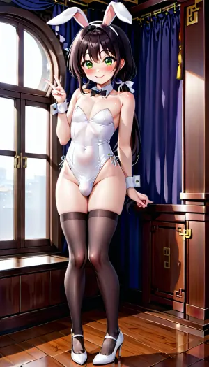 a sexy slender chinese femboy, 25 years old, necklong black hair, green eyes, flatchested, white bunnygirl suit, white highheels, white bunnyears, black fishnet stockings, full body, smiling, happy, chinese round window, bulge in panties, little bulge, blushing, bashful, 1, 45cm tall, cute