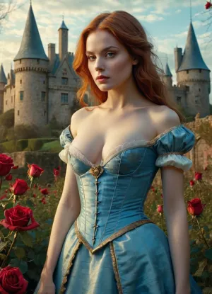 Alice in Wonderland, revealing clothing, beautiful nude breasts, sexy pose, roses, castle in background, highly detailed, cinematic, 8k, by Stanley Artgermm, Tom Bagshaw, Greg Rutkowski, Carne Griffiths, Ayami Kojima, Beksinski, Giger, trending on DeviantArt, hyper detailed, horror, full of color, golden hour, aliceinwonderland