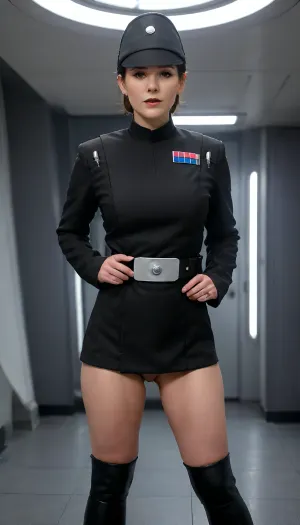 45 years old milf lady, Very attractive, short slicked hairstyle, Imperial, officer, wearing, a, (black), uniform with imperial officer hat, short tunic that makes her genitals visible, nude hairy genitals, ((no pants on)), ((naked visible genitals)), dark spaceship background, skirtlift, <lora:Imperial Officer:.8>, <lora:skirtlift_xl:.3>