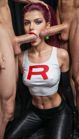 1girl, (Hiperrealistic style), amateur 8k photo, luxurious bedroom black theme, (Pokémon’s Team Rocket Jessie), (Pokémon’s Jessie Team Rocket outfit:1), (hiper detailed body), (25yo), (tall), (slim and fit figure), (narrow waist), (defined hips), (long toned legs), (firm butt), (moderate natural bust), (elegant, confident posture), (smooth fair skin), (toned but feminine physique), (very long magenta hair styled in a high side-swept coil), (large blue eyes), (soft purple eyeshadow), (red lipstick), (white crop top with a red “R” emblem), (white fitted miniskirt), (thigh-high black boots), (black satin opera gloves), she’s very angry, (hardcore blowbang:1), rough blowbang, other 6men in background, she’s being force to do a sloppy deepthroat all the way down to the buttom, (full dick deep inside her throat:1), men’s hands pushing her head, she’s starting to sobbing, gagging saliva dropping from her mouth, tank top wet from saliva., sloppy hard deepthroating., woman, sucking, a, cock, <lora:WTS - WhatTheSuck - v1:.8>
