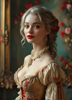 View side from front, smile, red lipstick, (High resolution), nude tits, bare chest, perfect face, ultrarealistic face, (elegant glamorous cosplay, rococo color palette, by Magali Villeneuve, fully clothed. painting of sexy, aesthetic, trending on pintrest, powdered wig, a painting of a women), profile picture, masterpiece, 1800s painting, elegant glam, <lora:MJ52:.8>