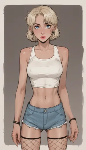 1girl, wearing fishnet, micro shorts and a tank top, bimbo body, ((ratatatat74), 90s Anime, (Outline), (cartoon), incase style, concept, art, by, syd, mead, retro, futuristic, flat colors, Perfect Hands), <lora:ratatatat74-000050:1.1>, <lora:outline_xl_kohaku_delta_spv5x:1.8>, <lora:cartoon_stickers_xl_v1:.6>, <lora:NEOTOKIOXL_0.2_RC:.4>