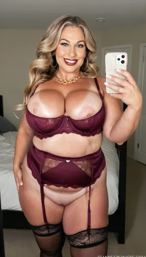 sexy mature, sexy 45 years old, dark blonde, long wave hair, very chubby, huge culottes, small natural saggy boobs, tan skin, sexy naught smile face, naught sexy face, selfie, glamour, make up, lipstick, huge hoop earrings, necklace, burgundy sexy lingerie, stockings